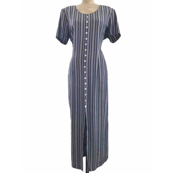 Vintage 90s All That Jazz Blue Striped Short Sleeve Midi Pencil Dress - M - Picture 2 of 8